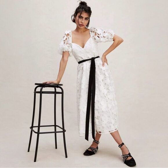 For Love & Lemons Marlene Lace Midi Dress XS White‎ Heart Embroidered Belt - Picture 4 of 14